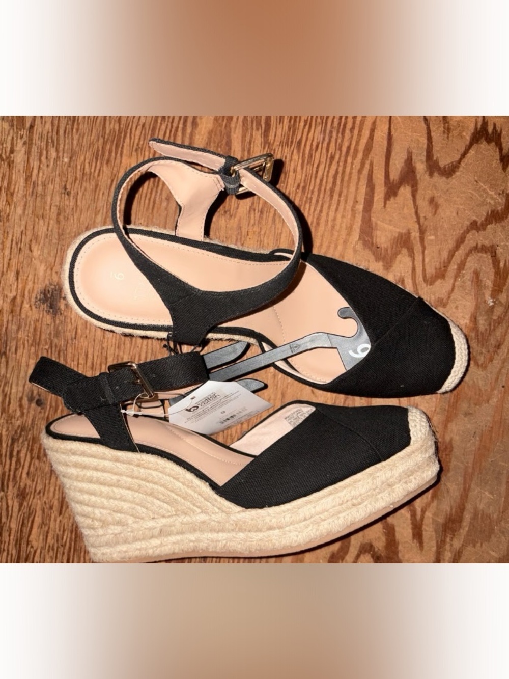 Time and Tru Black Espadrille Wedge Sandals with Ankle Strap